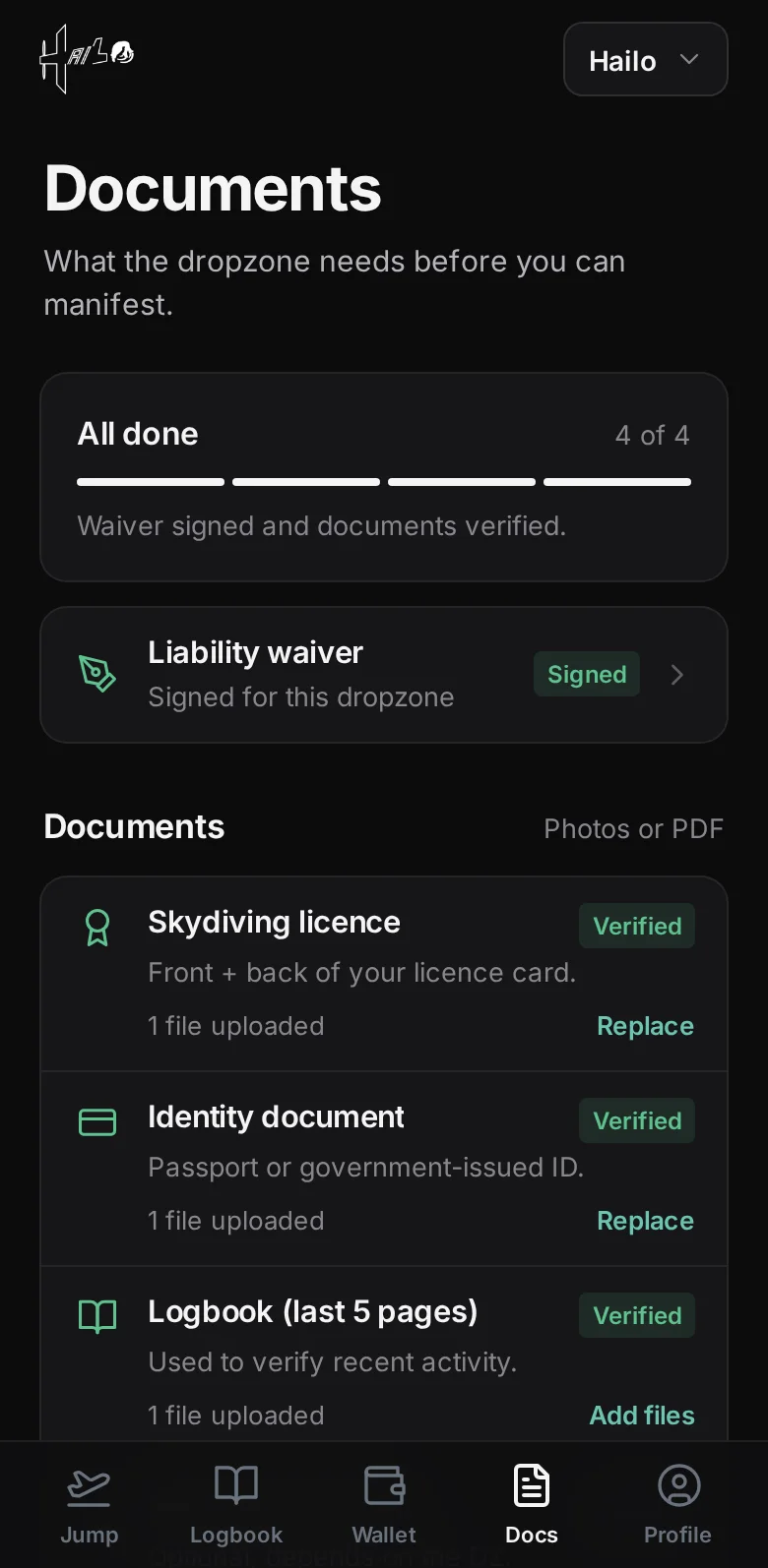 Hailo — documents and waiver verified in the jumper app