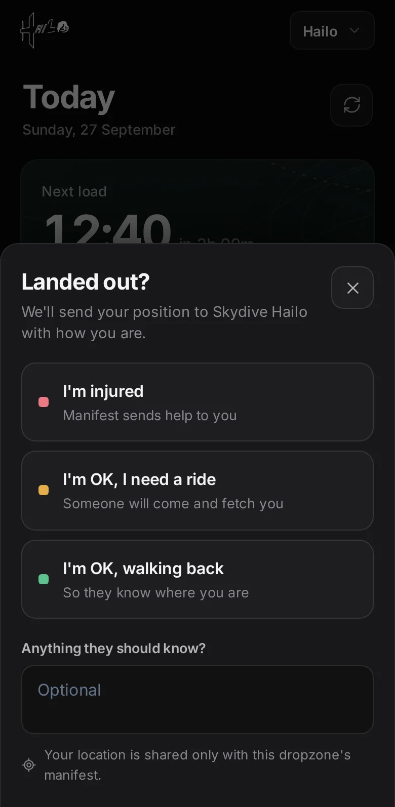 Hailo — reporting a land-out from the jumper app