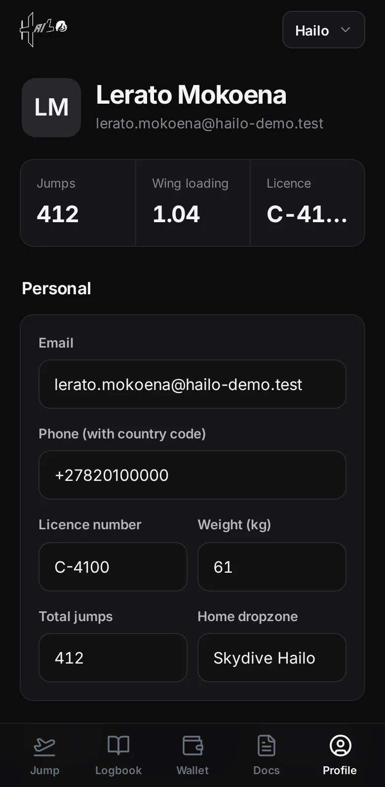 Hailo — the profile with gear and wing loading