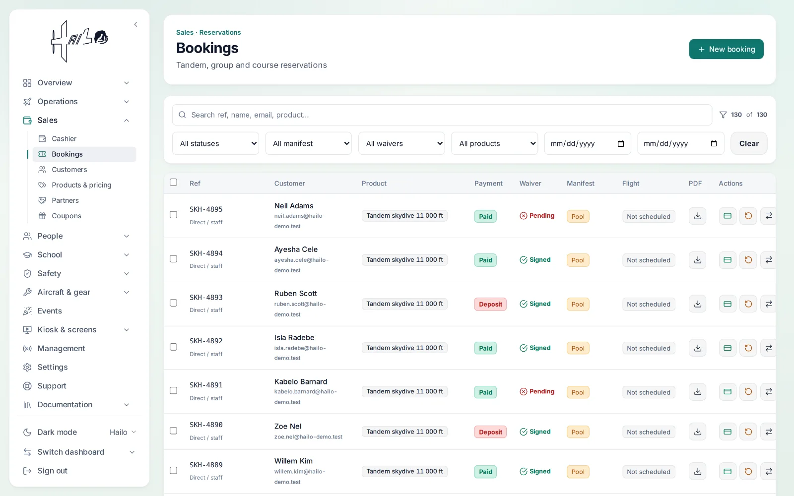 Hailo — tandem bookings with payment and waiver status