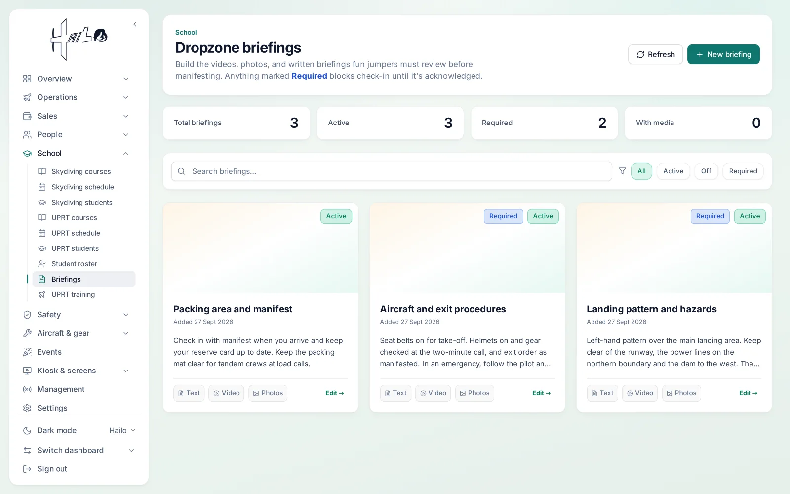 Hailo — dropzone briefings, two of them required