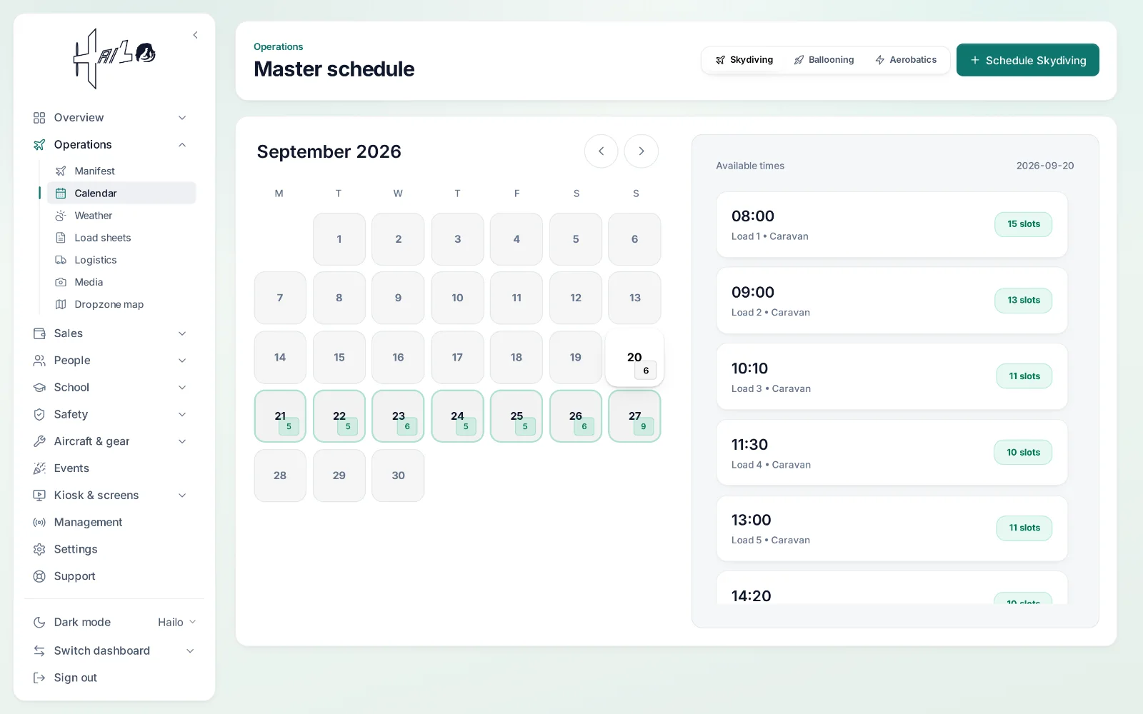 Hailo — the master calendar with each day’s loads