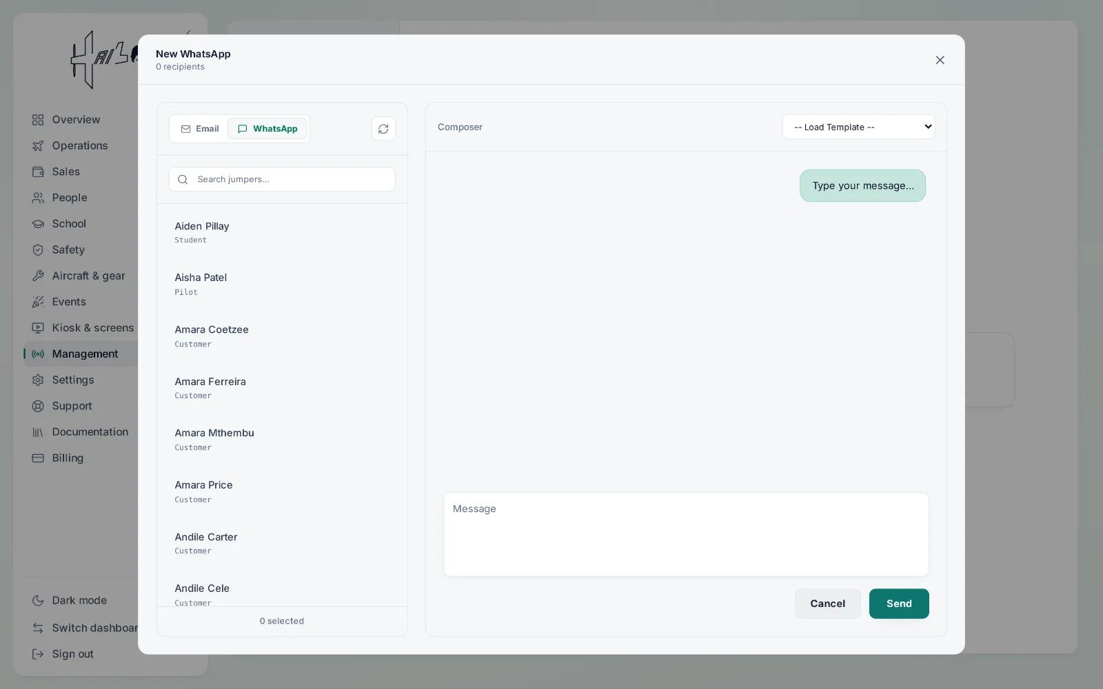 Hailo — writing a WhatsApp message to jumpers and staff